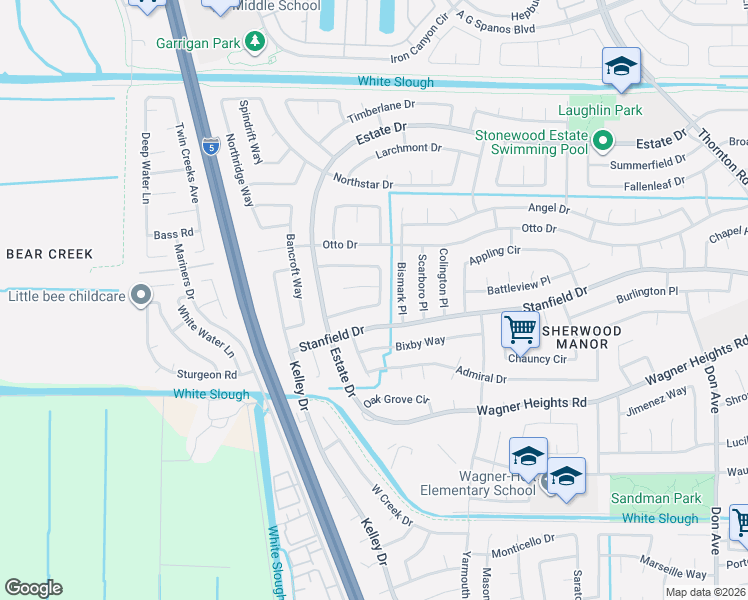 map of restaurants, bars, coffee shops, grocery stores, and more near 4017 Chatsworth Circle in Stockton
