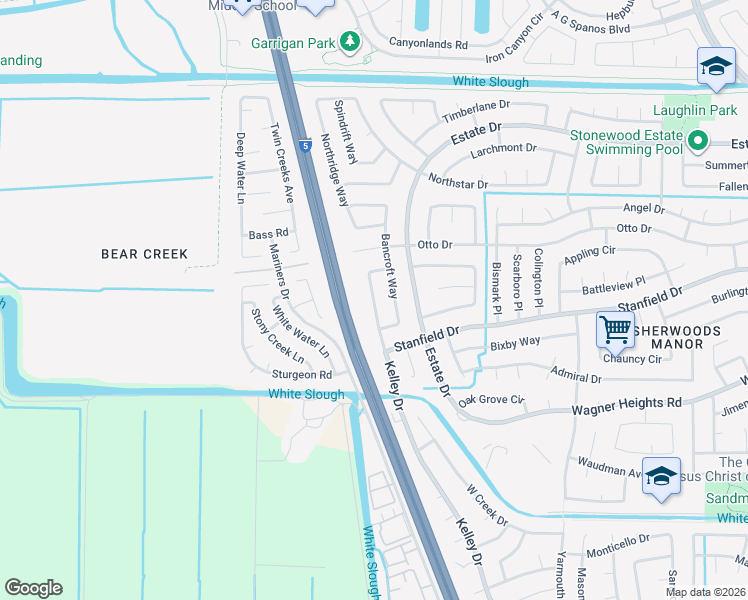 map of restaurants, bars, coffee shops, grocery stores, and more near 9555 Kelley Drive in Stockton