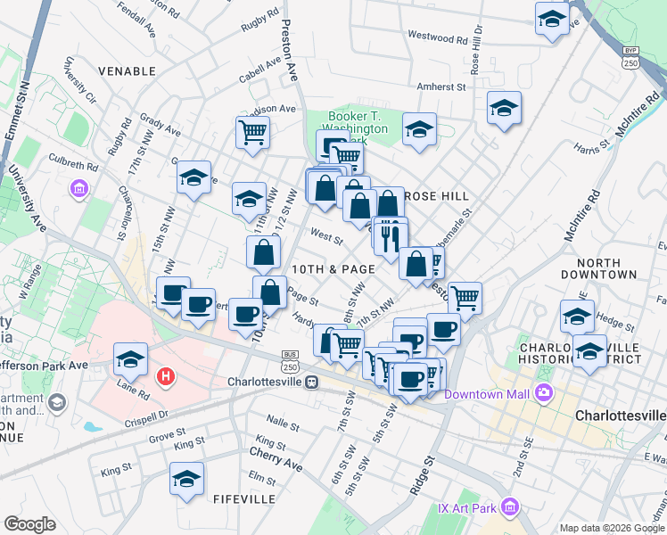map of restaurants, bars, coffee shops, grocery stores, and more near in Charlottesville