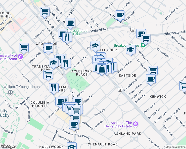 map of restaurants, bars, coffee shops, grocery stores, and more near 637 Central Avenue in Lexington