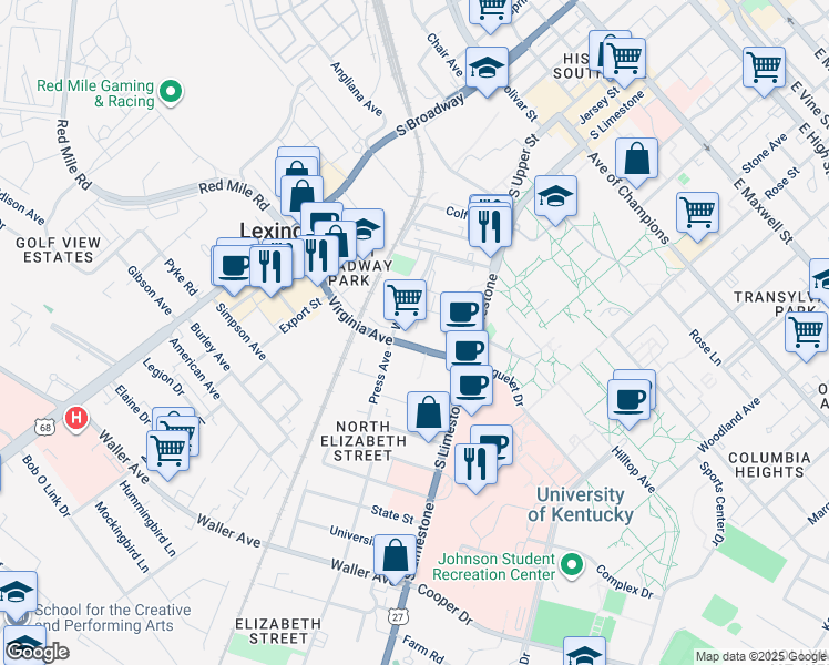 map of restaurants, bars, coffee shops, grocery stores, and more near 141 Virginia Avenue in Lexington