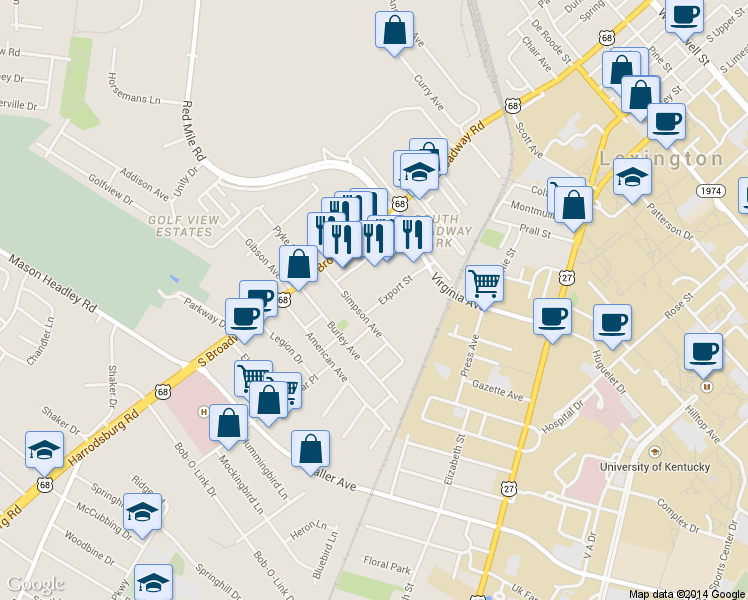 map of restaurants, bars, coffee shops, grocery stores, and more near in Lexington