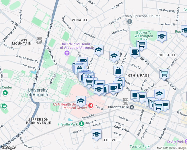 map of restaurants, bars, coffee shops, grocery stores, and more near 224 14th Street Northwest in Charlottesville