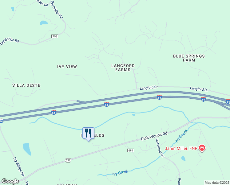 map of restaurants, bars, coffee shops, grocery stores, and more near 3494 Langford Drive in Charlottesville