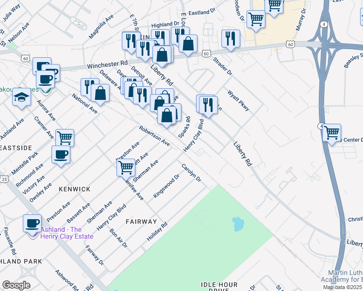 map of restaurants, bars, coffee shops, grocery stores, and more near 1592 Delaware Avenue in Lexington