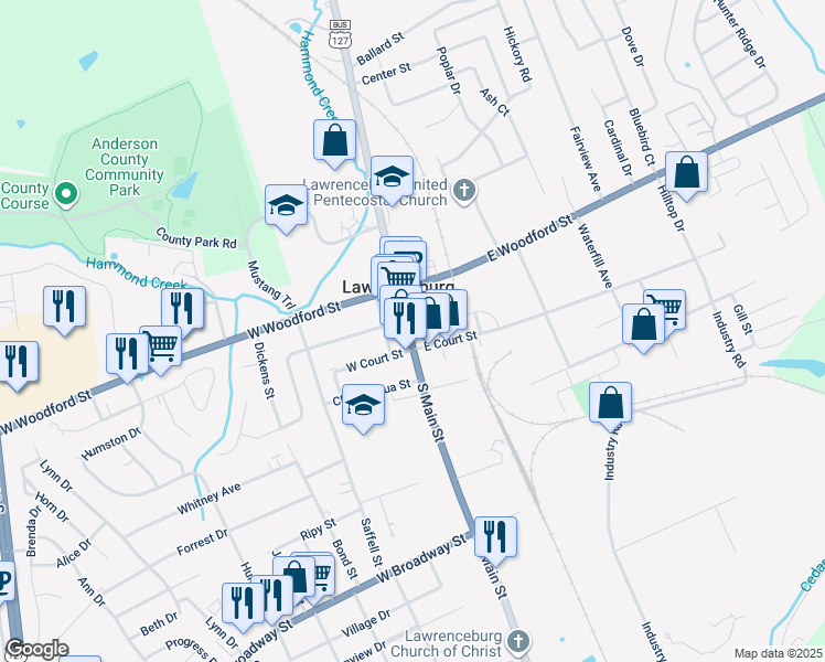 map of restaurants, bars, coffee shops, grocery stores, and more near 137 South Main Street in Lawrenceburg