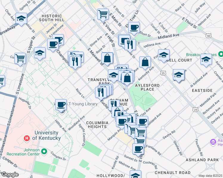 map of restaurants, bars, coffee shops, grocery stores, and more near 343 Woodland Avenue in Lexington