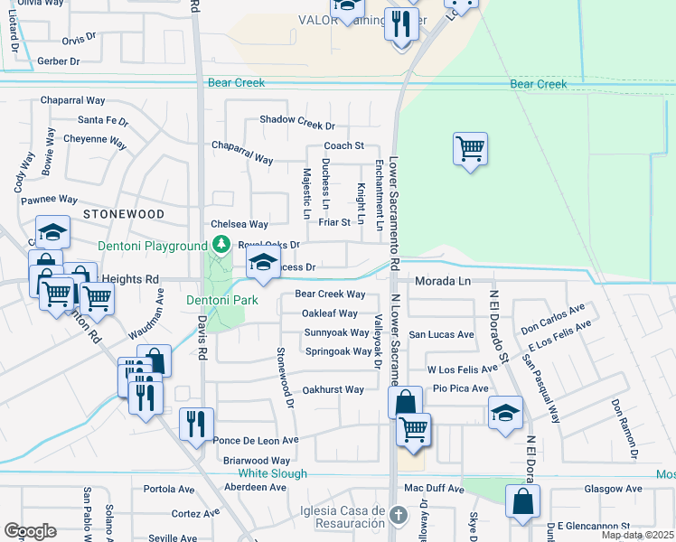 map of restaurants, bars, coffee shops, grocery stores, and more near 1020 Princess Drive in Stockton