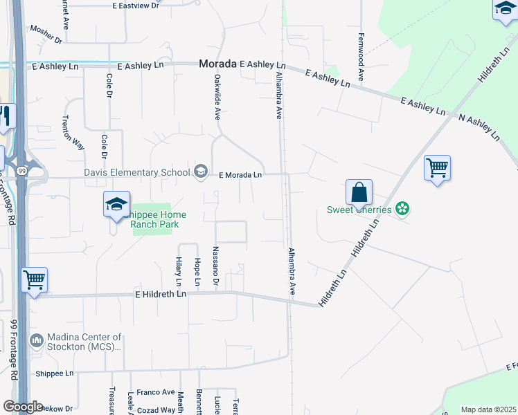 map of restaurants, bars, coffee shops, grocery stores, and more near 9157 Gary Avenue in Stockton