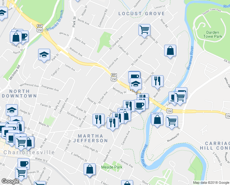 map of restaurants, bars, coffee shops, grocery stores, and more near 804 St James Cir in Charlottesville