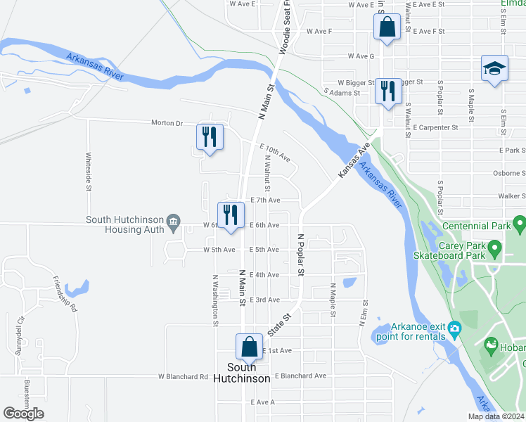 map of restaurants, bars, coffee shops, grocery stores, and more near 25 East 7th Avenue in South Hutchinson