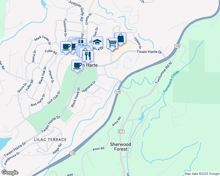 map of restaurants, bars, coffee shops, grocery stores, and more near 18879 Sequoia Drive in Twain Harte