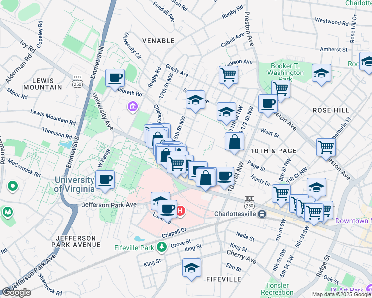 map of restaurants, bars, coffee shops, grocery stores, and more near 228 14th Street Northwest in Charlottesville