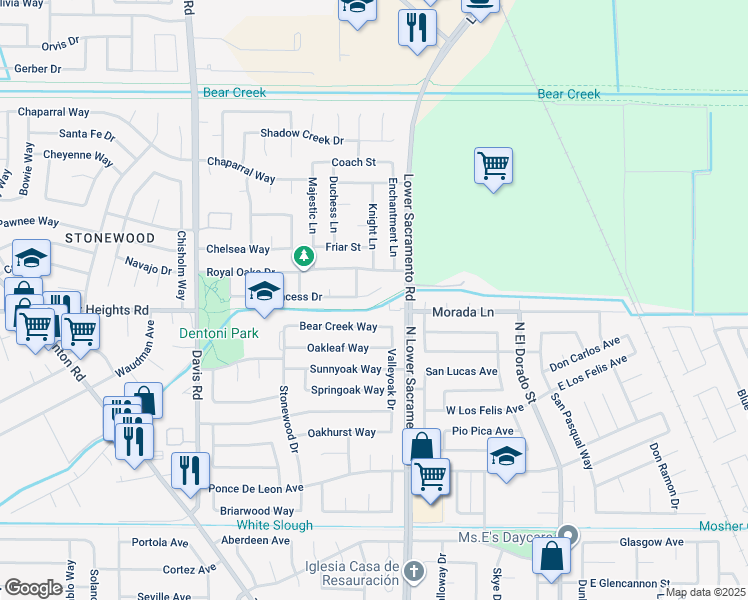 map of restaurants, bars, coffee shops, grocery stores, and more near 934 Princess Drive in Stockton