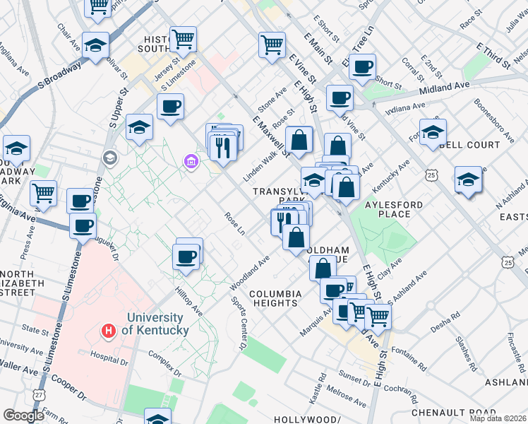 map of restaurants, bars, coffee shops, grocery stores, and more near 375 Transylvania Park in Lexington