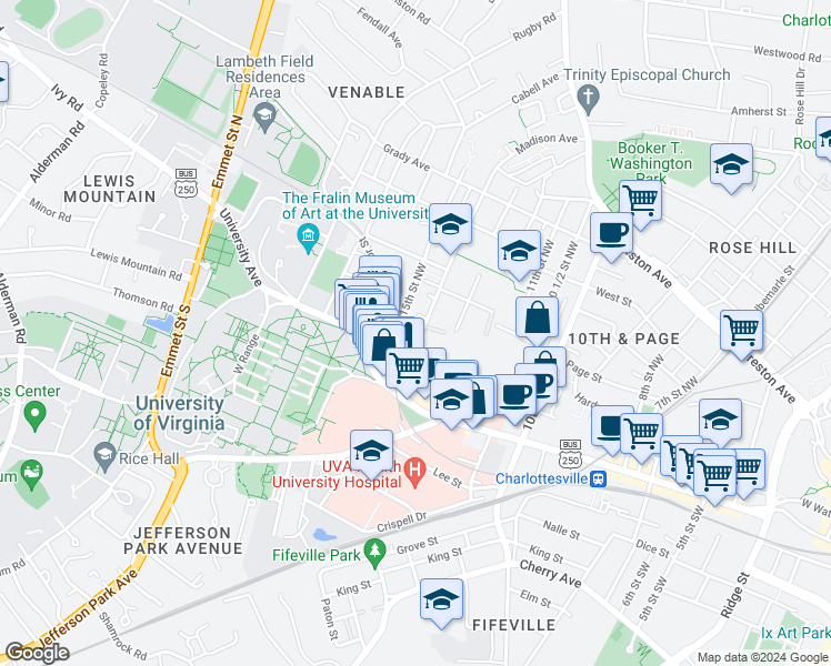map of restaurants, bars, coffee shops, grocery stores, and more near 225 14th Street Northwest in Charlottesville