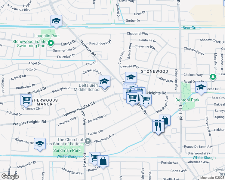 map of restaurants, bars, coffee shops, grocery stores, and more near 2223 Wagner Heights Road in Stockton