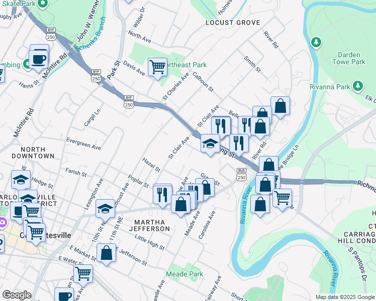 map of restaurants, bars, coffee shops, grocery stores, and more near 808 Saint James Circle in Charlottesville