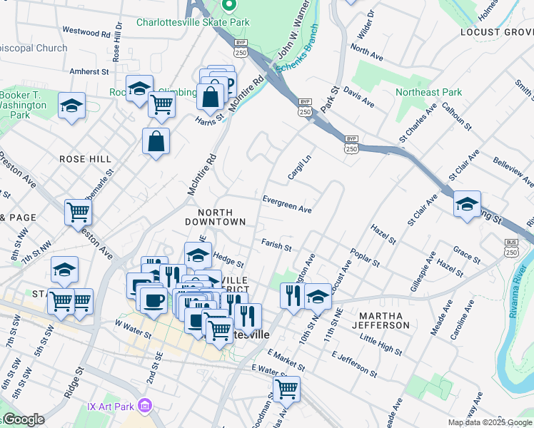 map of restaurants, bars, coffee shops, grocery stores, and more near 617 Park Street in Charlottesville