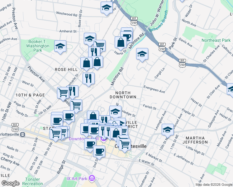 map of restaurants, bars, coffee shops, grocery stores, and more near 535 2nd Street Northwest in Charlottesville