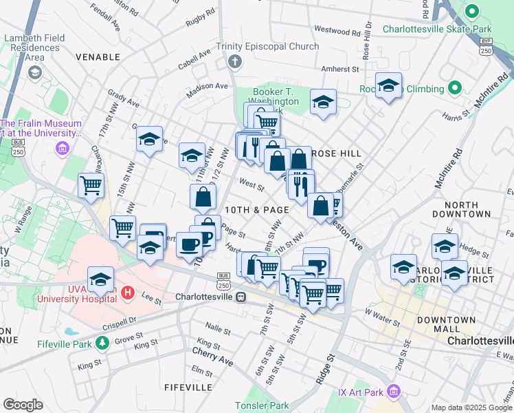 map of restaurants, bars, coffee shops, grocery stores, and more near in Charlottesville