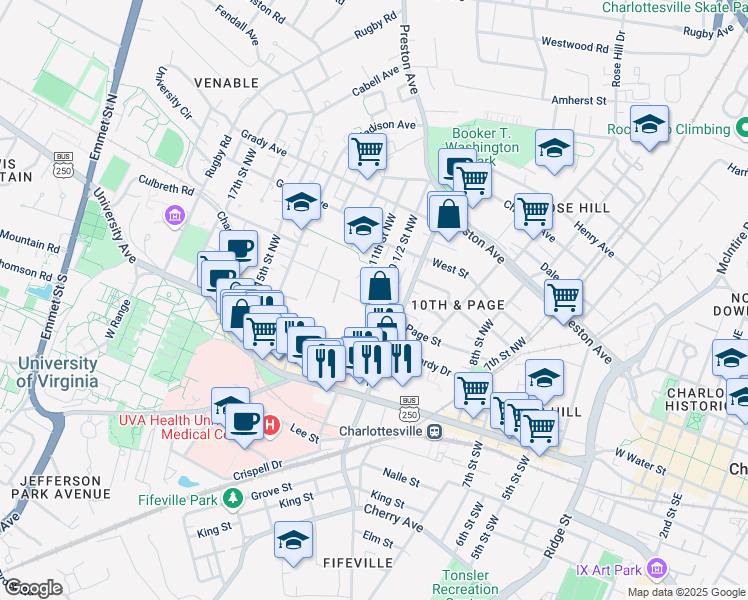 map of restaurants, bars, coffee shops, grocery stores, and more near 1058 Page Street in Charlottesville
