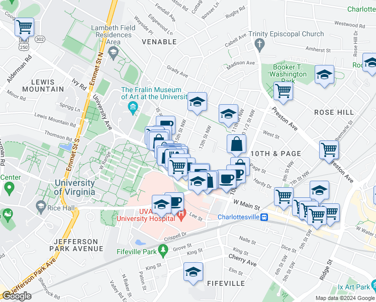 map of restaurants, bars, coffee shops, grocery stores, and more near in Charlottesville