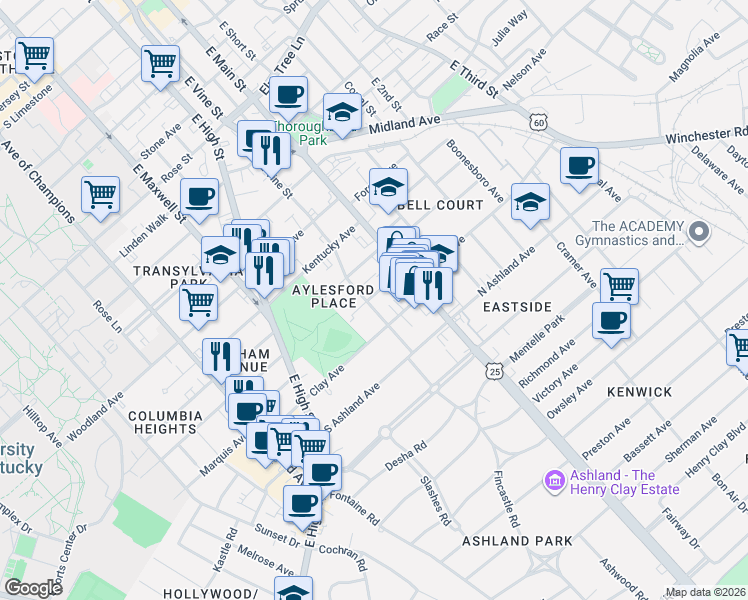 map of restaurants, bars, coffee shops, grocery stores, and more near 637 Central Avenue in Lexington