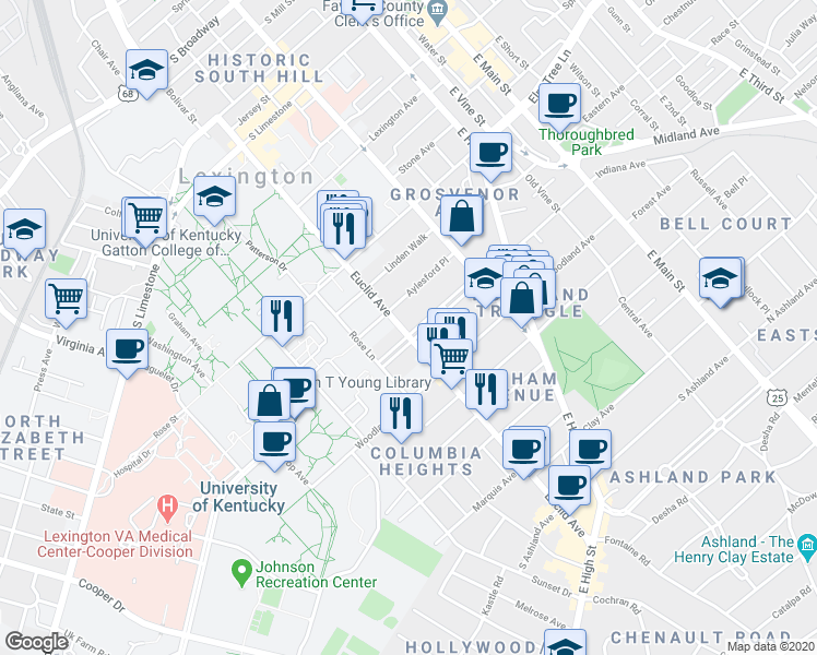 map of restaurants, bars, coffee shops, grocery stores, and more near 411 Transylvania Park in Lexington