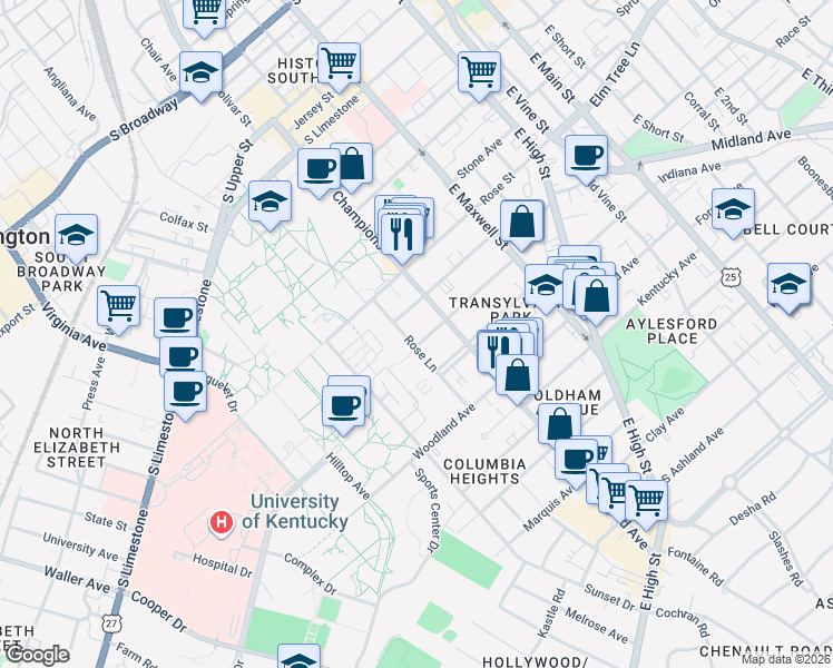 map of restaurants, bars, coffee shops, grocery stores, and more near 418 Rose Lane in Lexington