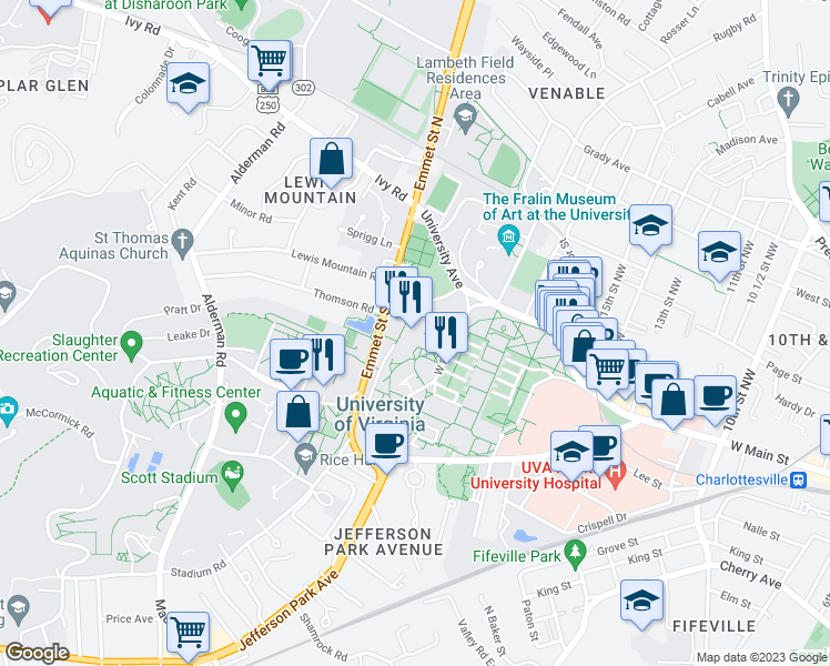 map of restaurants, bars, coffee shops, grocery stores, and more near 180 McCormick Road in Charlottesville