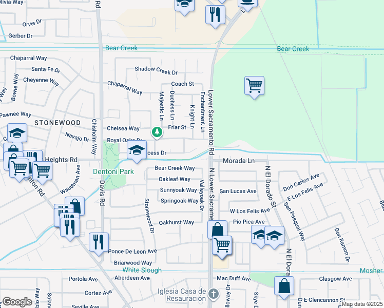 map of restaurants, bars, coffee shops, grocery stores, and more near 936 Princess Drive in Stockton