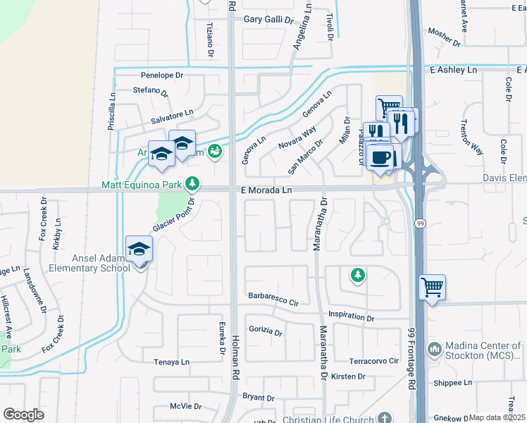 map of restaurants, bars, coffee shops, grocery stores, and more near 3557 Fern Springs Court in Stockton