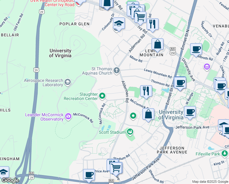 map of restaurants, bars, coffee shops, grocery stores, and more near 575 Alderman Road in Charlottesville