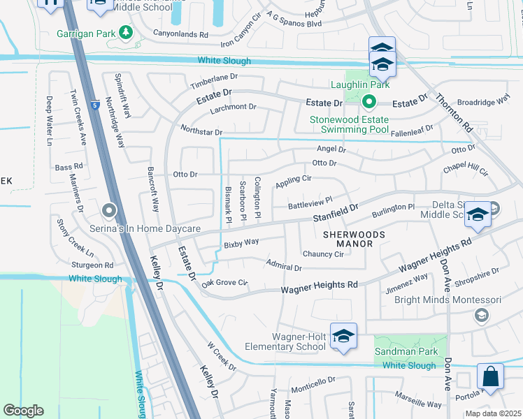 map of restaurants, bars, coffee shops, grocery stores, and more near 9532 Colington Place in Stockton