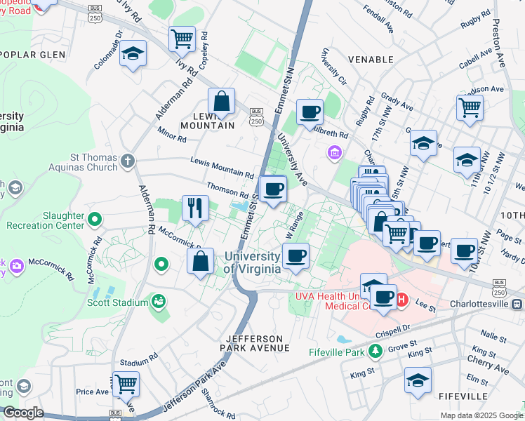 map of restaurants, bars, coffee shops, grocery stores, and more near 400 Emmet Street South in Charlottesville