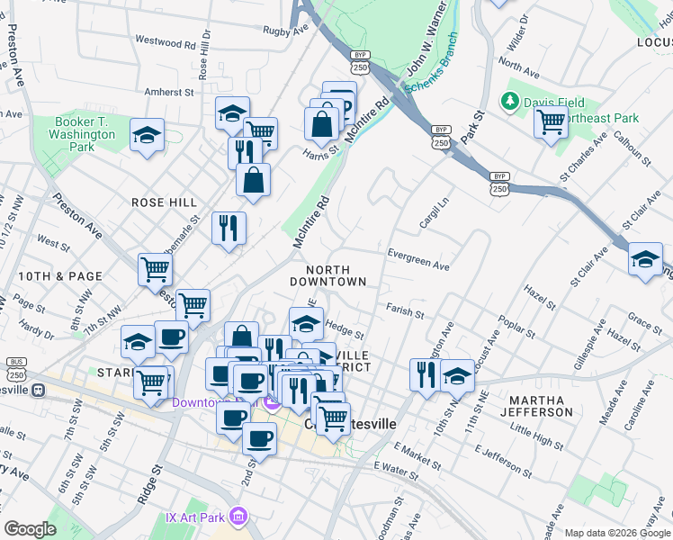 map of restaurants, bars, coffee shops, grocery stores, and more near 228 Wine Street in Charlottesville