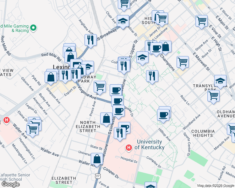 map of restaurants, bars, coffee shops, grocery stores, and more near 657 South Limestone Street in Lexington