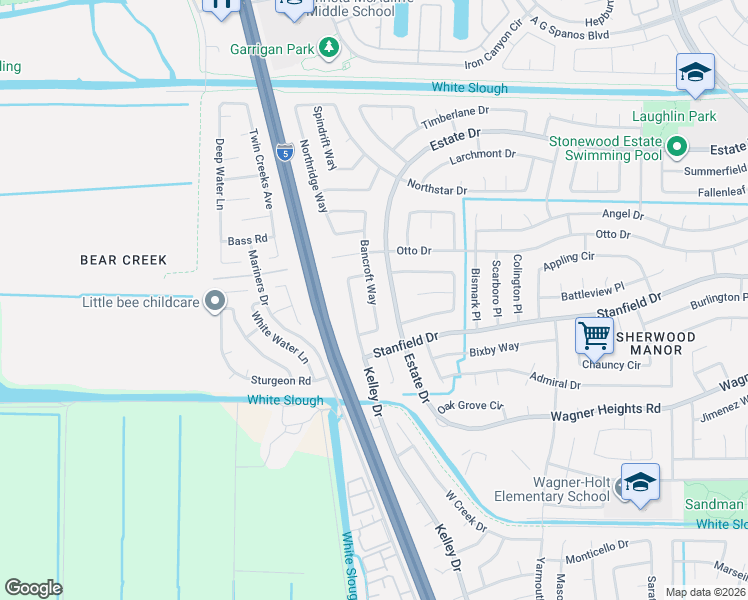 map of restaurants, bars, coffee shops, grocery stores, and more near 9519 Bancroft Way in Stockton