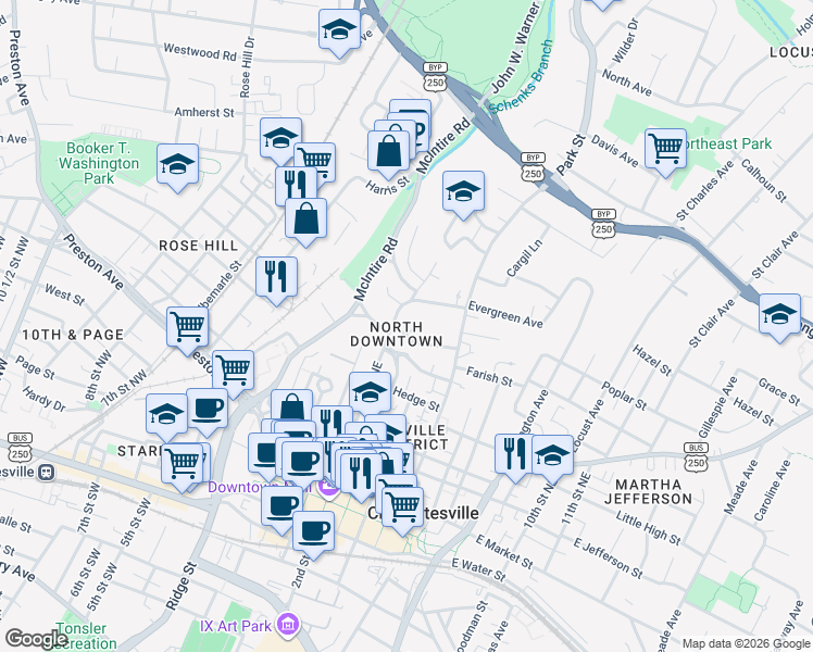 map of restaurants, bars, coffee shops, grocery stores, and more near 228 Wine Street in Charlottesville