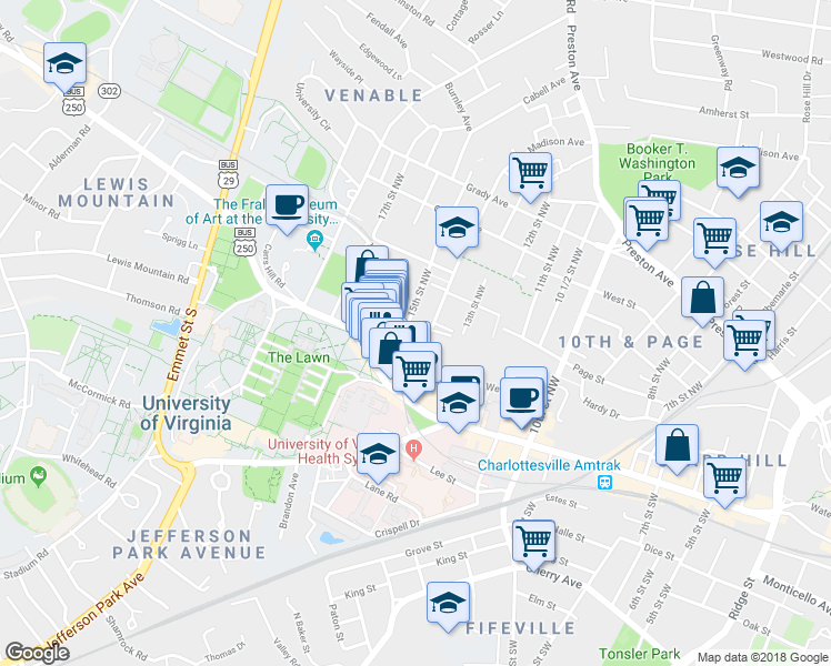 map of restaurants, bars, coffee shops, grocery stores, and more near 210 15th Street Northwest in Charlottesville