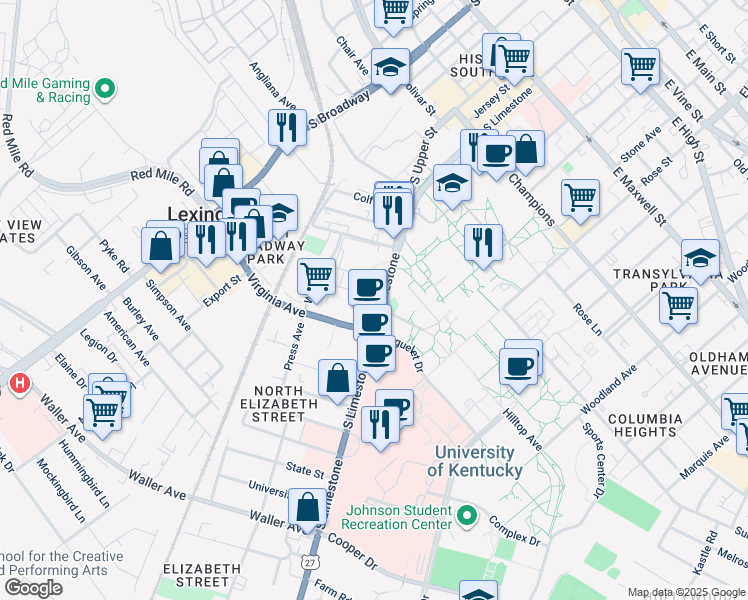 map of restaurants, bars, coffee shops, grocery stores, and more near 665 South Limestone in Lexington