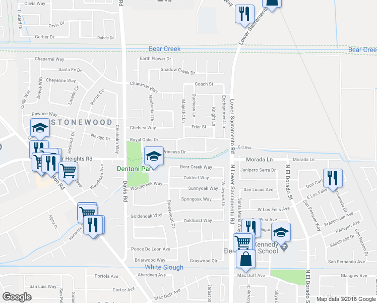 map of restaurants, bars, coffee shops, grocery stores, and more near 1127 Princess Drive in Stockton