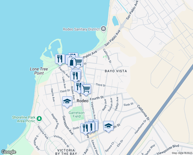 map of restaurants, bars, coffee shops, grocery stores, and more near 239 Vaqueros Avenue in Rodeo