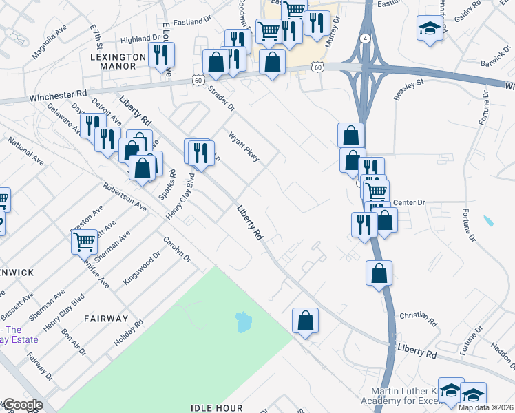 map of restaurants, bars, coffee shops, grocery stores, and more near 1725 Liberty Road in Lexington