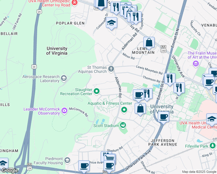 map of restaurants, bars, coffee shops, grocery stores, and more near 575 Alderman Road in Charlottesville