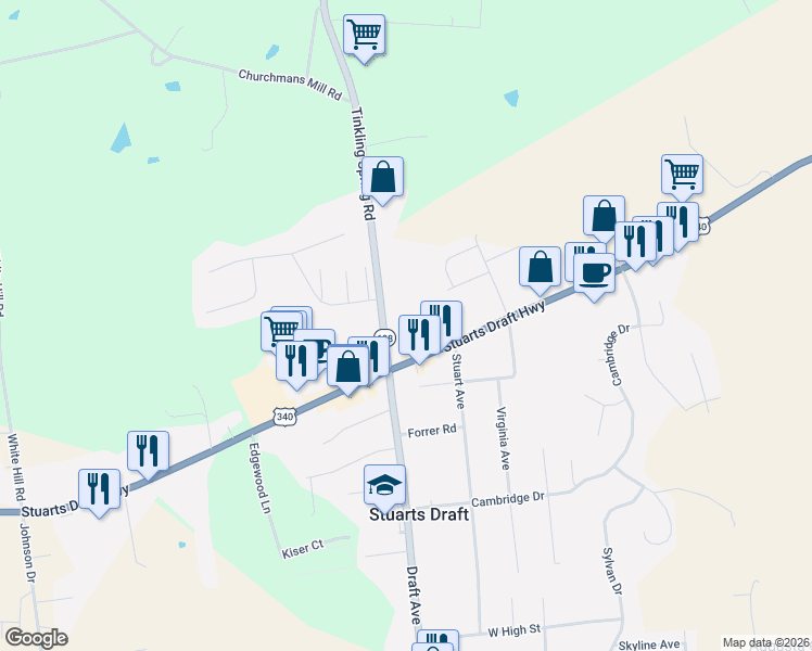 map of restaurants, bars, coffee shops, grocery stores, and more near 2708 Stuarts Draft Hwy in Stuarts Draft