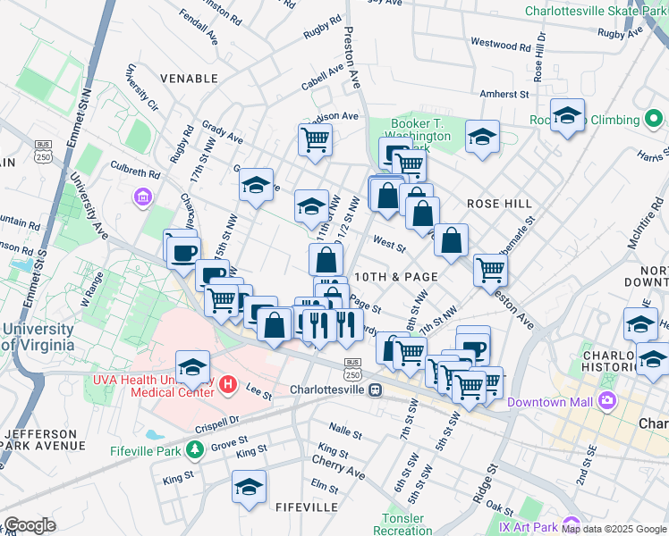 map of restaurants, bars, coffee shops, grocery stores, and more near 10 1/2 Street Northwest in Charlottesville