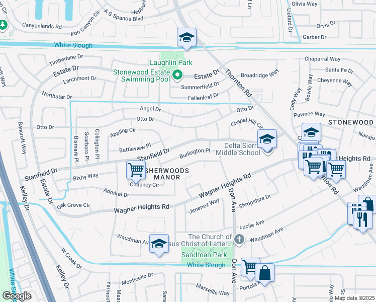 map of restaurants, bars, coffee shops, grocery stores, and more near 2659 Burlington Place in Stockton