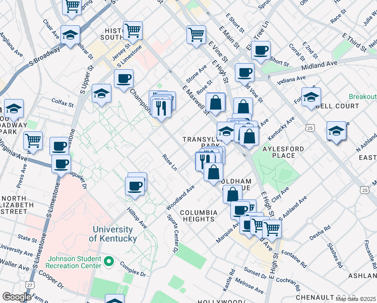 map of restaurants, bars, coffee shops, grocery stores, and more near 411 Transylvania Park in Lexington